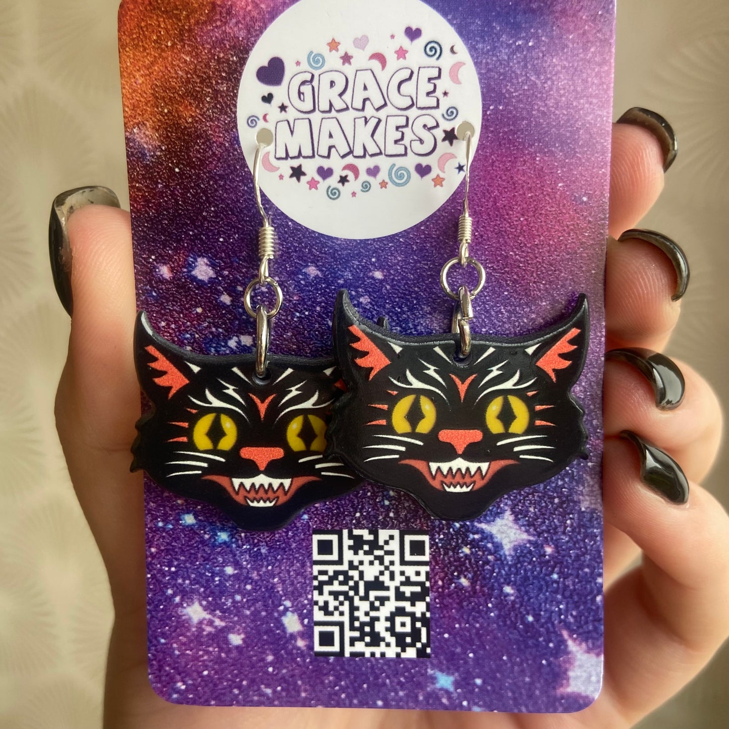 Black Cat American Traditional Tattoo Style Dangle Earrings