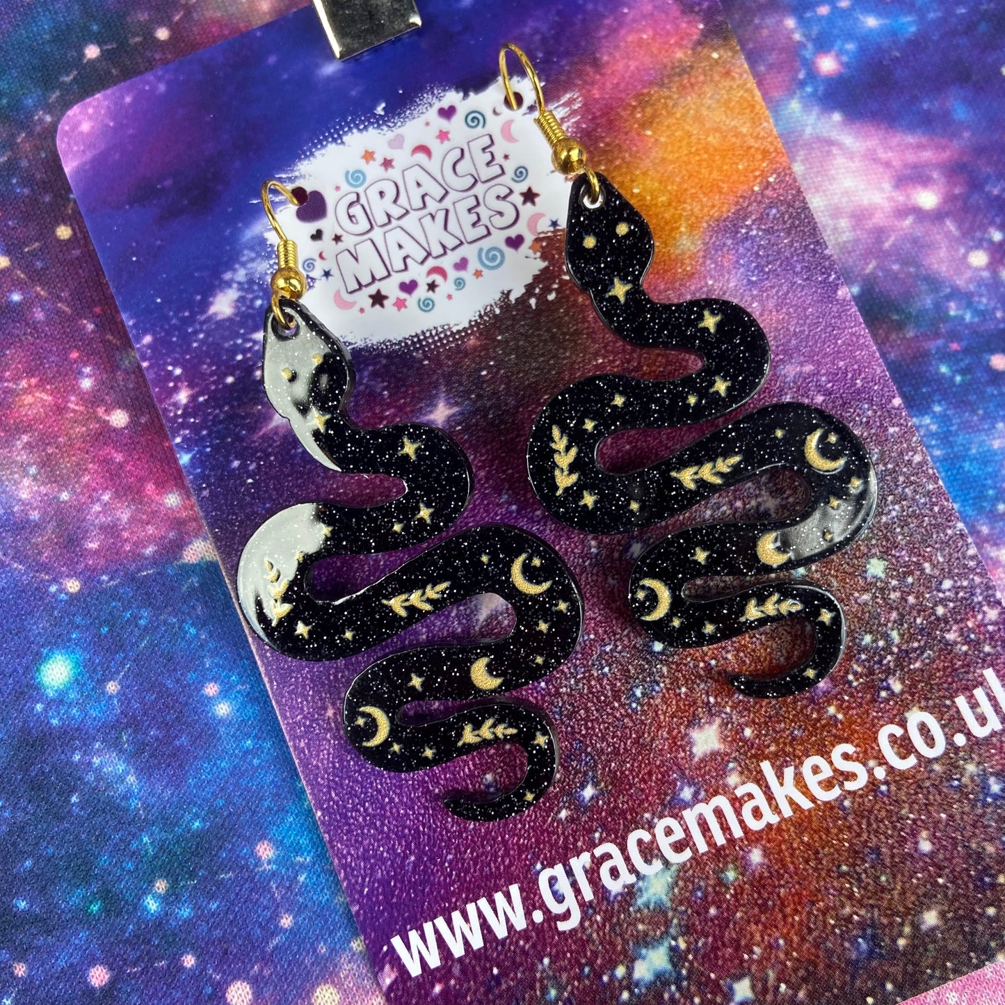 Handmade Black And Gold Celestial Snake Earrings