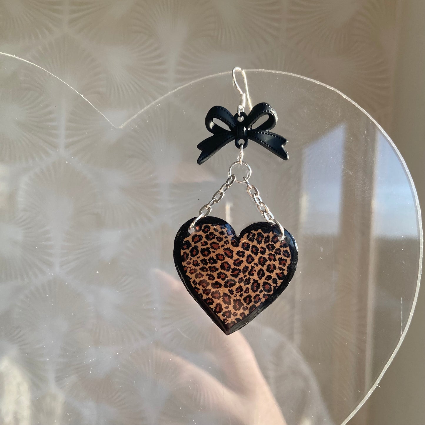 Handmade Leopard Print Black Heart Bow Earrings