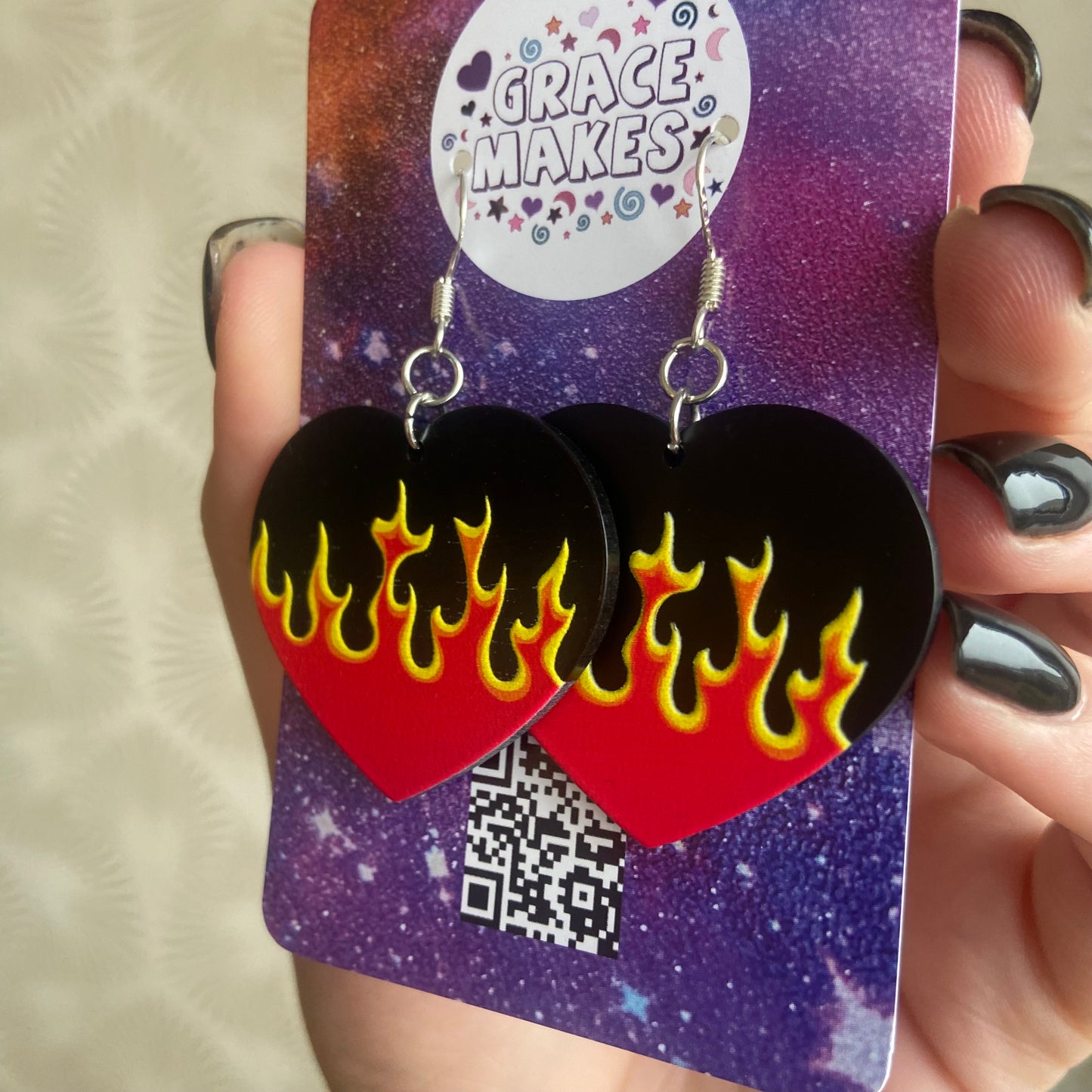 Black and Red Flame Heart Dangle Earrings