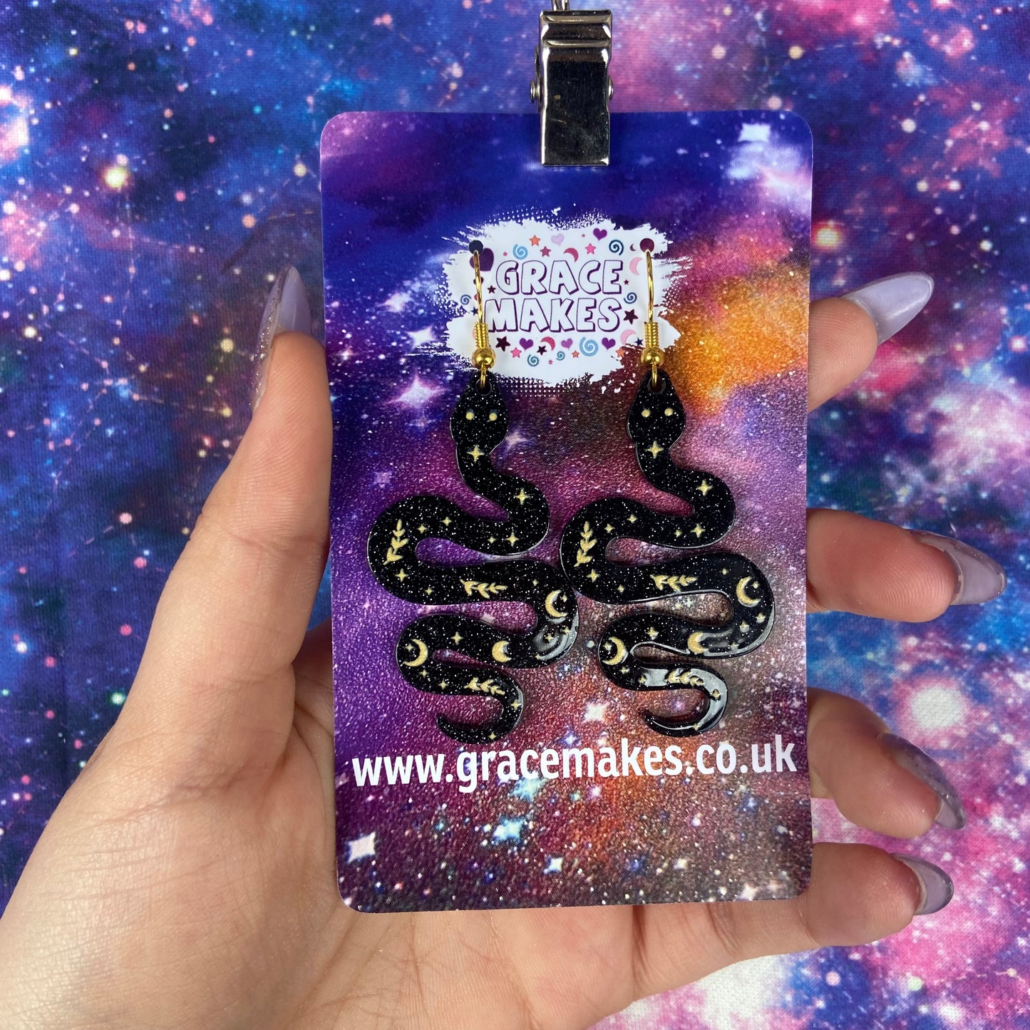 Handmade Black And Gold Celestial Snake Earrings
