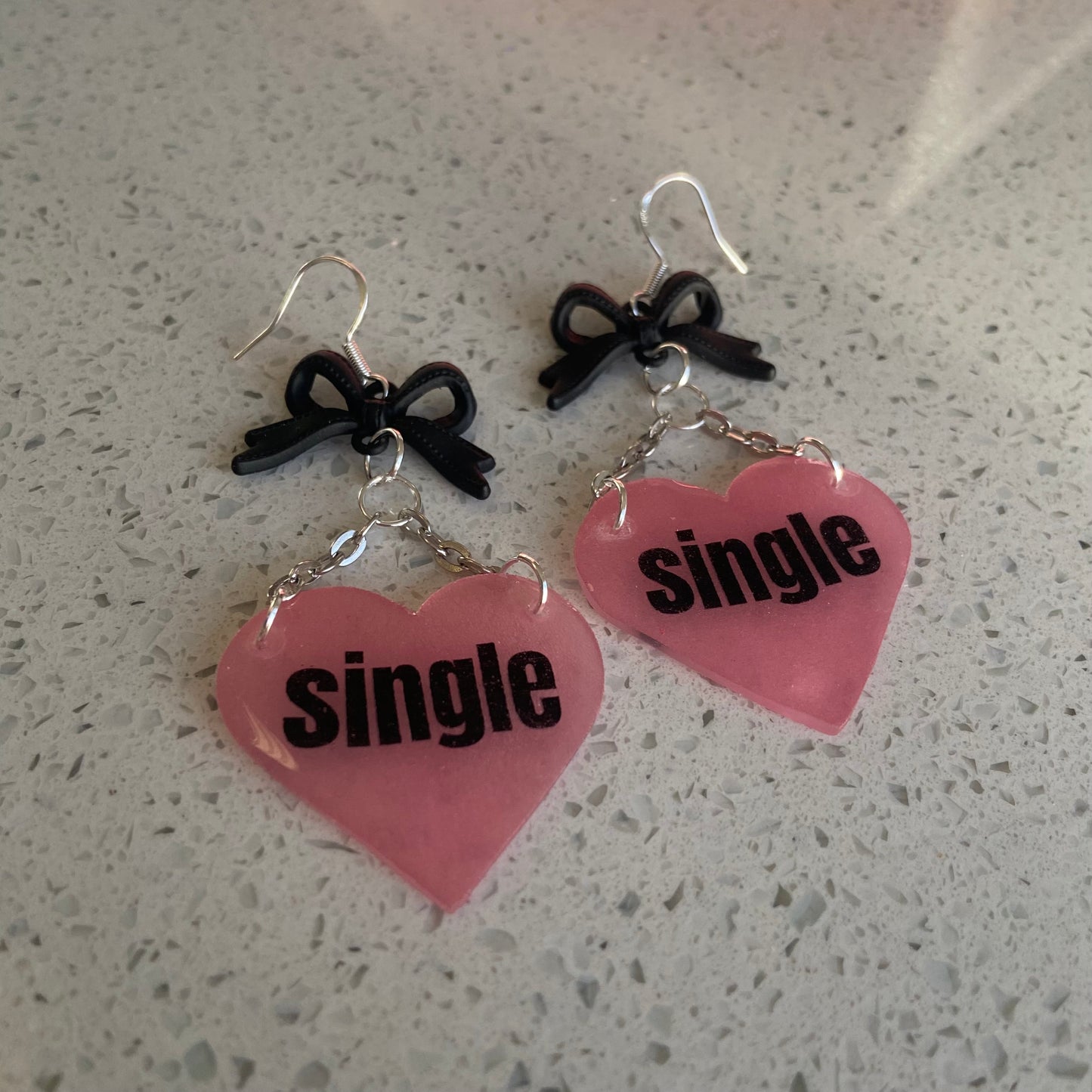 Handmade “Single” Pink Heart Black Bow Earrings