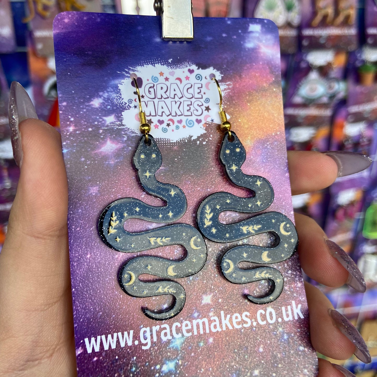 Handmade Black And Gold Celestial Snake Earrings