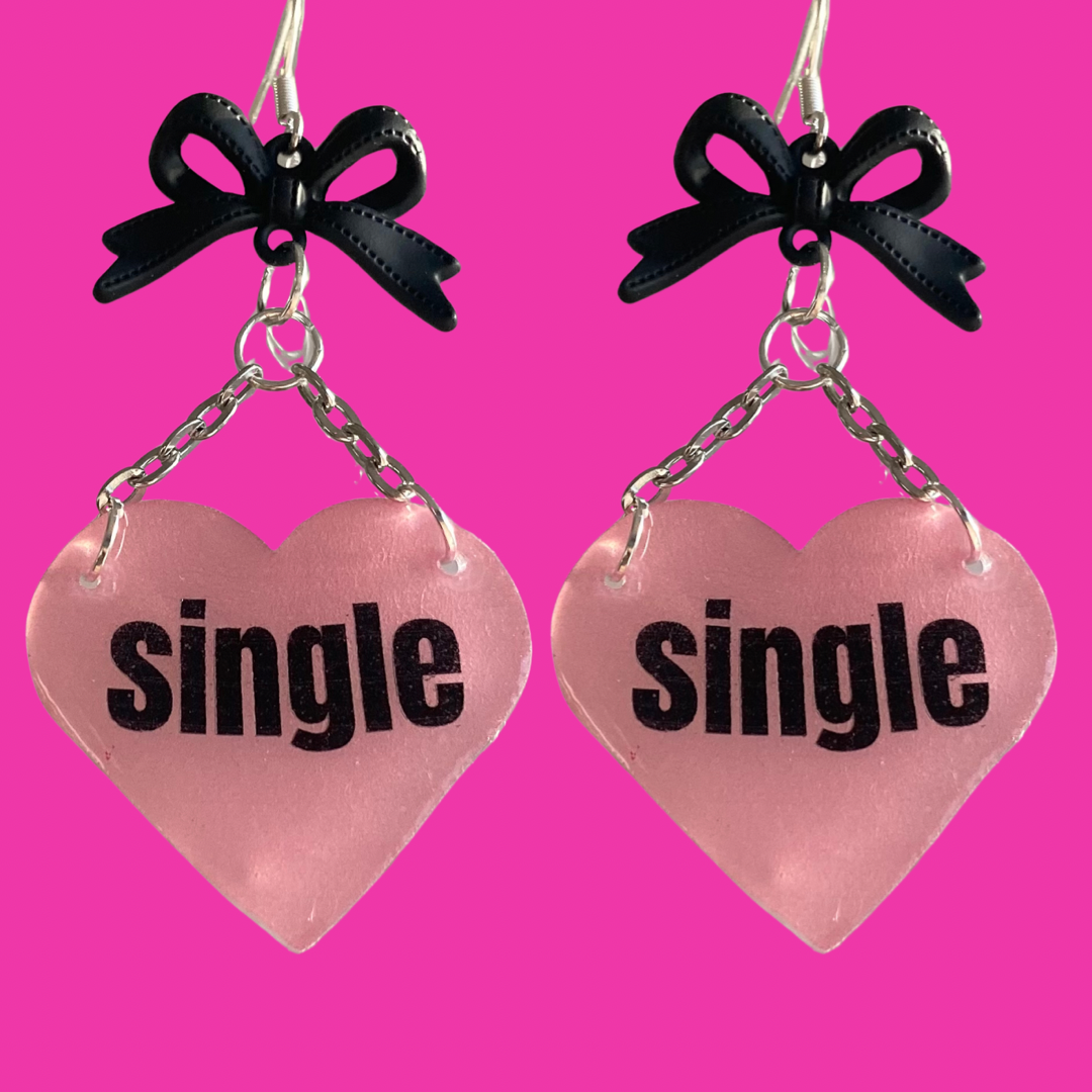 Handmade “Single” Pink Heart Black Bow Earrings