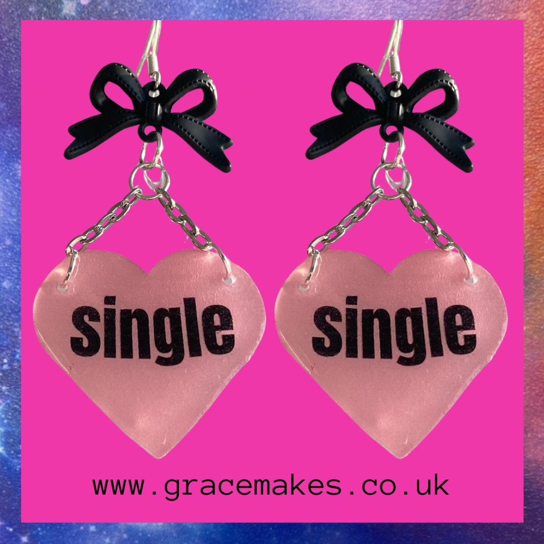 Handmade “Single” Pink Heart Black Bow Earrings