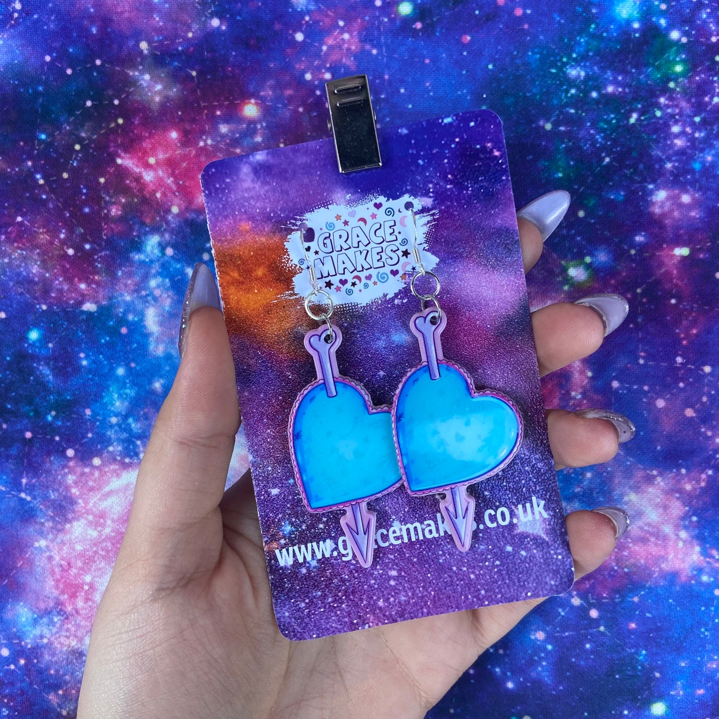 Handmade Blue and Pink Cupid Heart Arrow Earrings