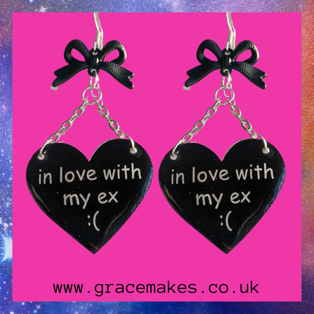 Handmade “In Love With My Ex” Black Heart Bow Earrings