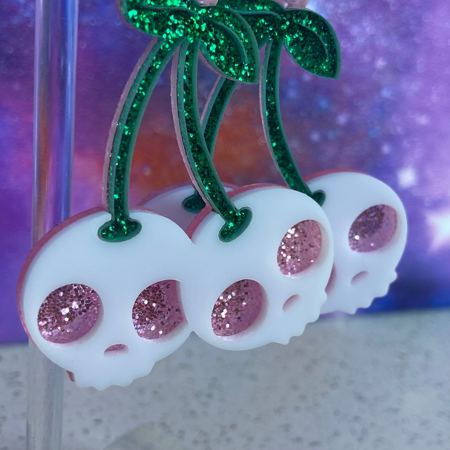 Handmade Reversible Glitter Skull Cherry Earrings