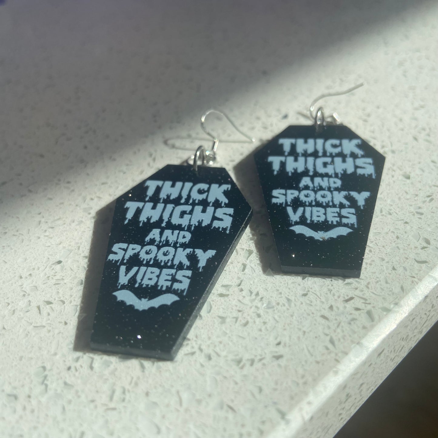 Handmade Thick Thighs and Spooky Vibes Black Coffin Earrings