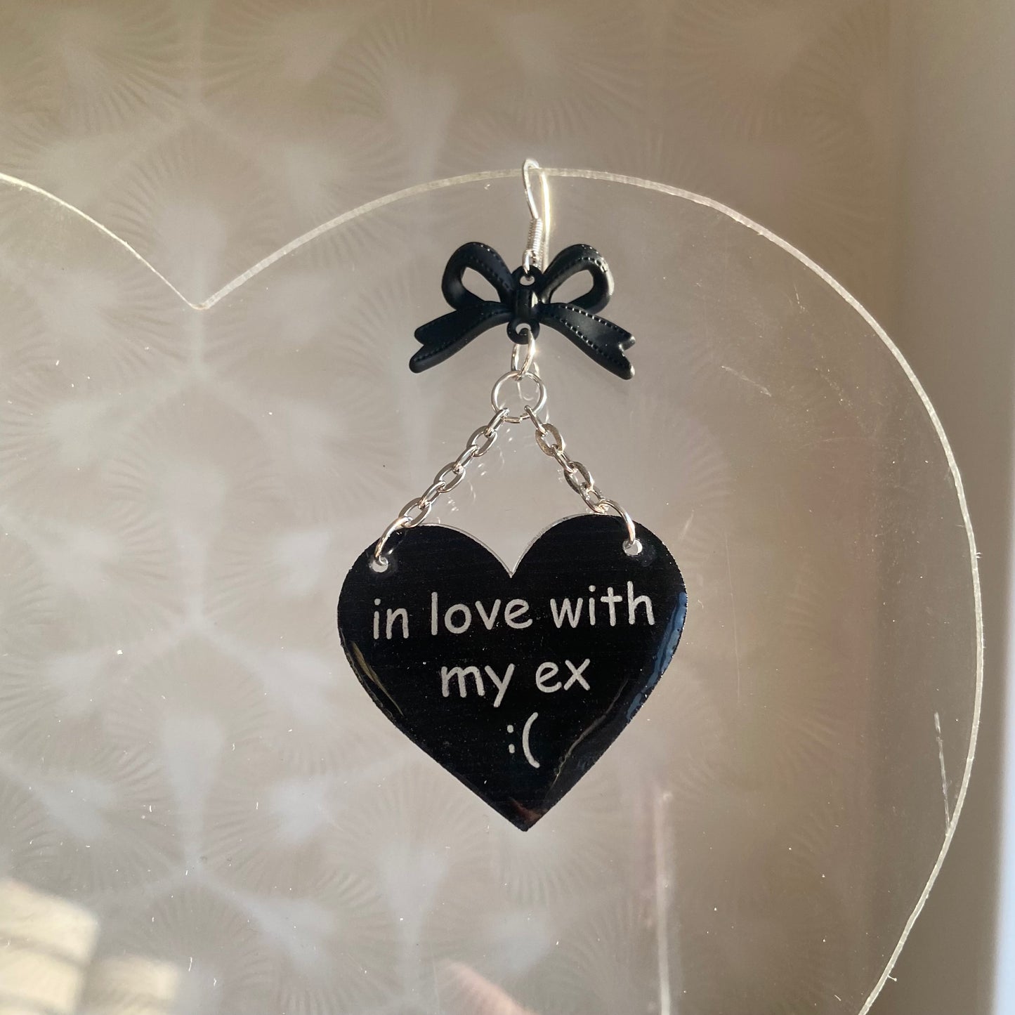 Handmade “In Love With My Ex” Black Heart Bow Earrings