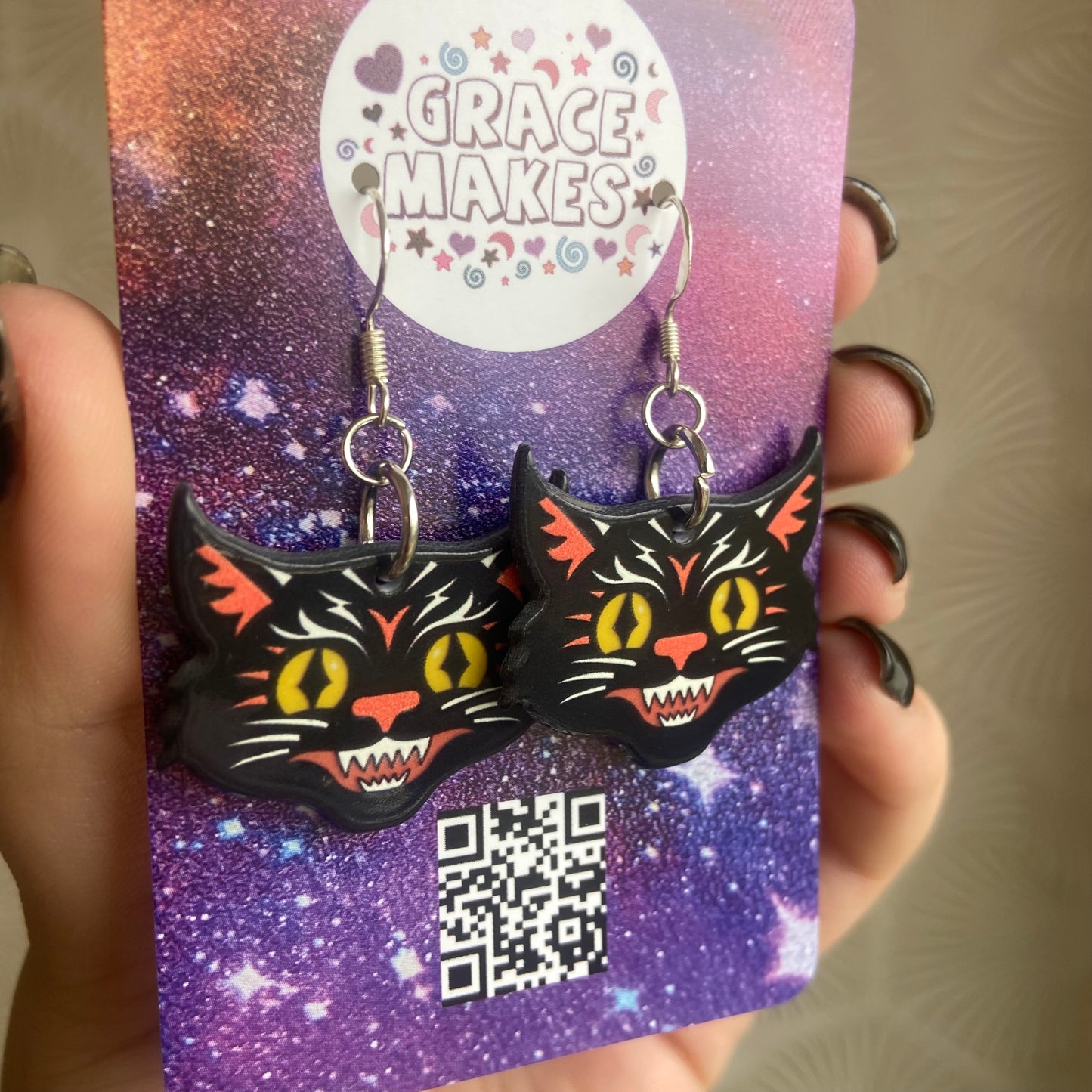 Black Cat American Traditional Tattoo Style Dangle Earrings