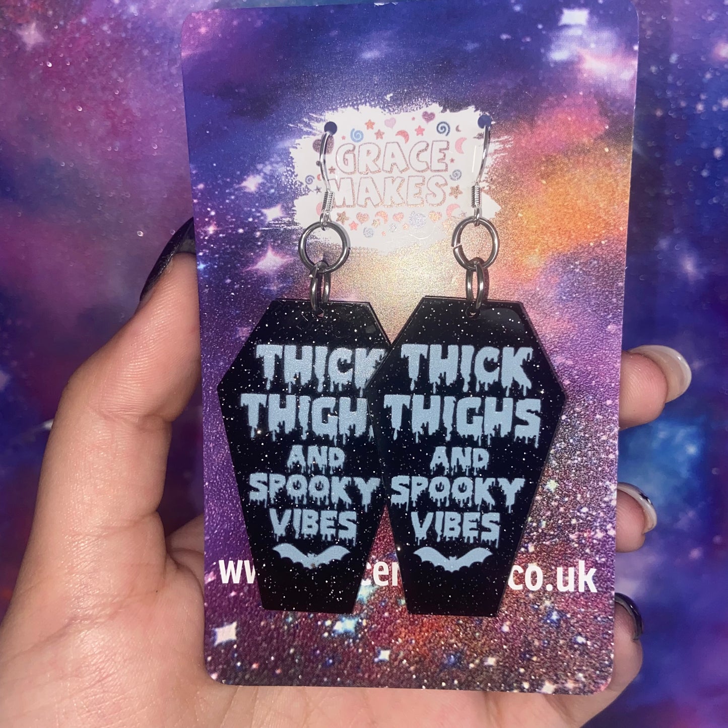 Handmade Thick Thighs and Spooky Vibes Black Coffin Earrings