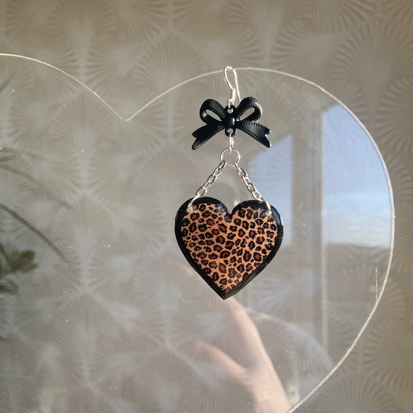 Handmade Leopard Print Black Heart Bow Earrings