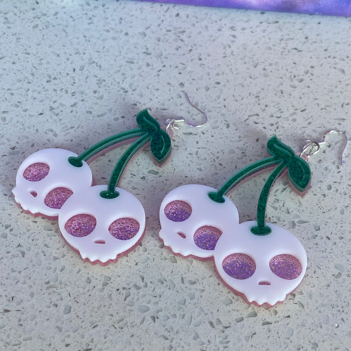 Handmade Reversible Glitter Skull Cherry Earrings