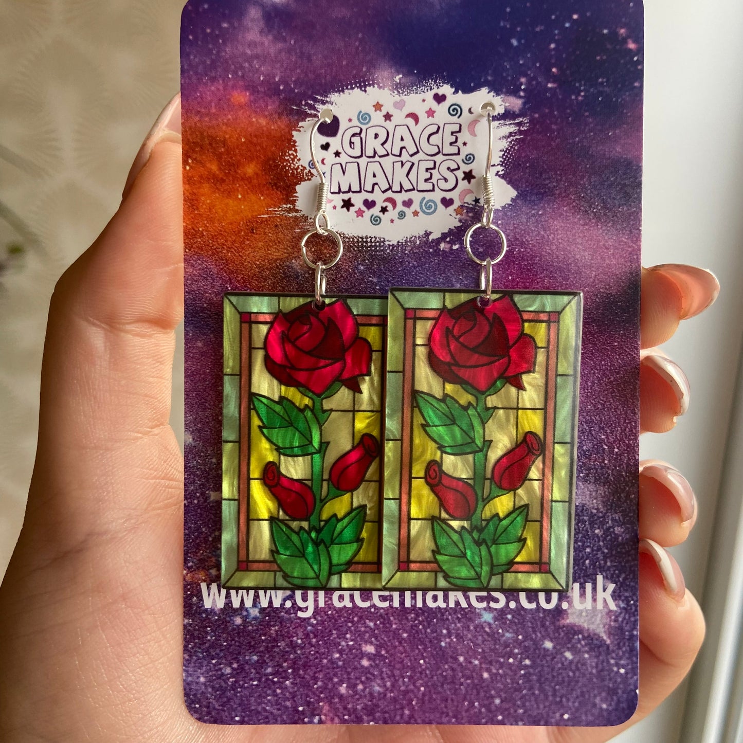 Stained Glass Red Rose Rectangle Earrings