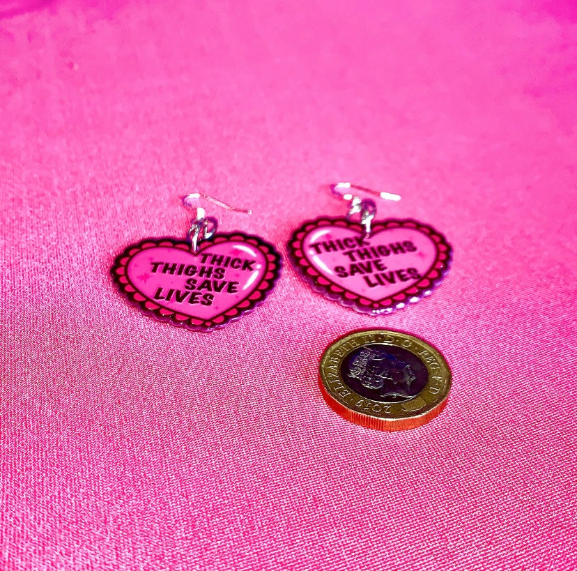 Thick Thighs Save Lives Handmade Pink Frilly Heart Earrings
