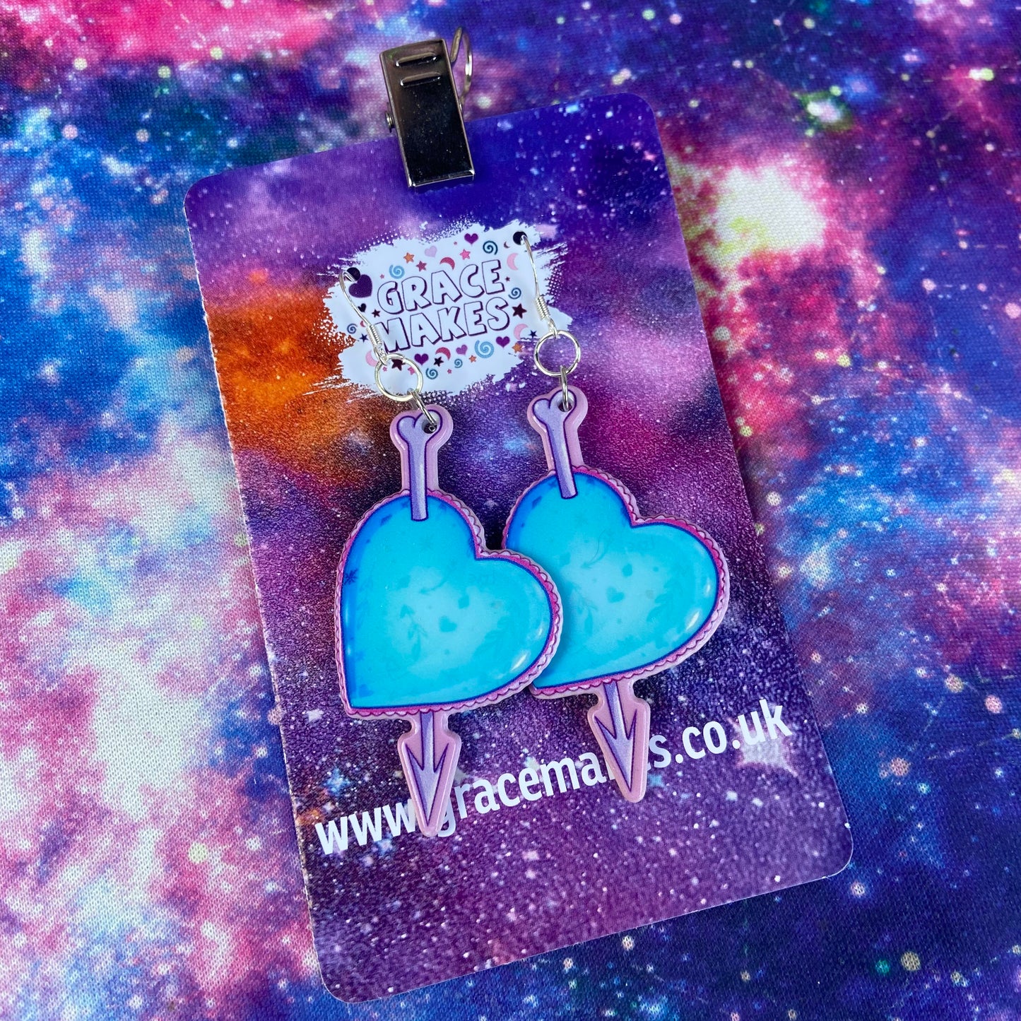 Handmade Blue and Pink Cupid Heart Arrow Earrings
