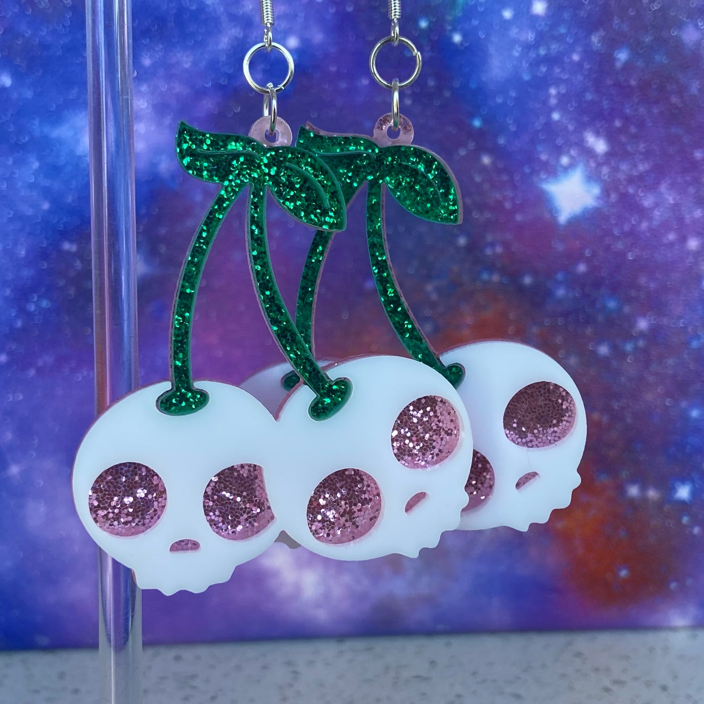 Handmade Reversible Glitter Skull Cherry Earrings