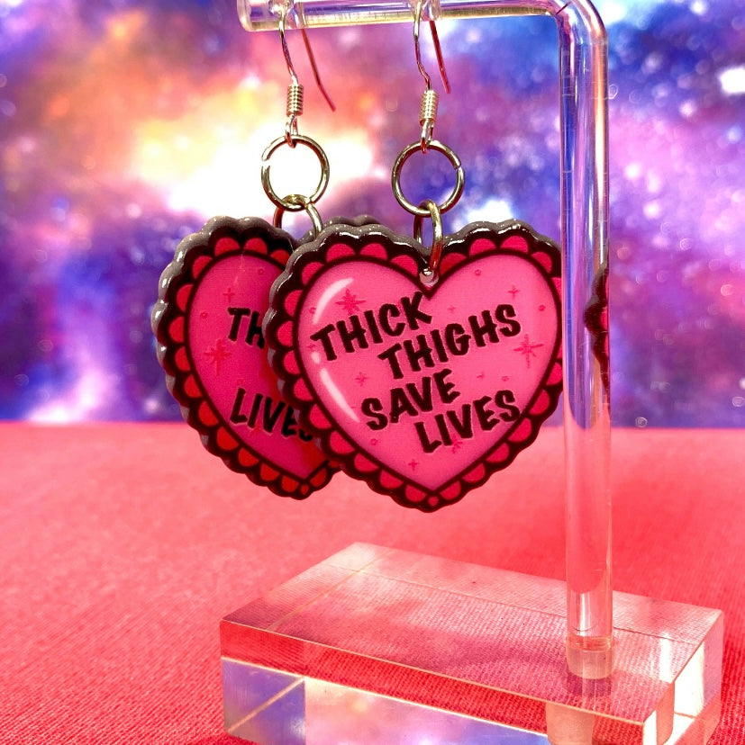 Thick Thighs Save Lives Handmade Pink Frilly Heart Earrings