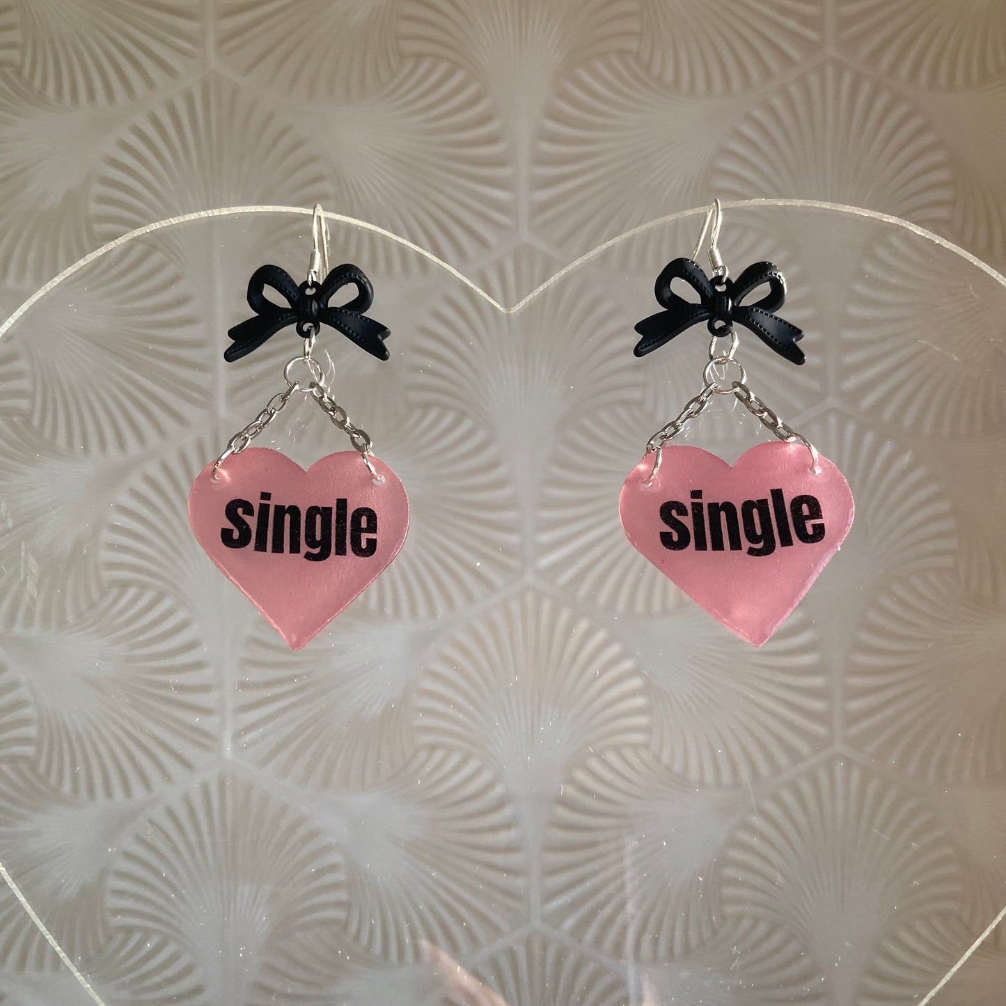 Handmade “Single” Pink Heart Black Bow Earrings