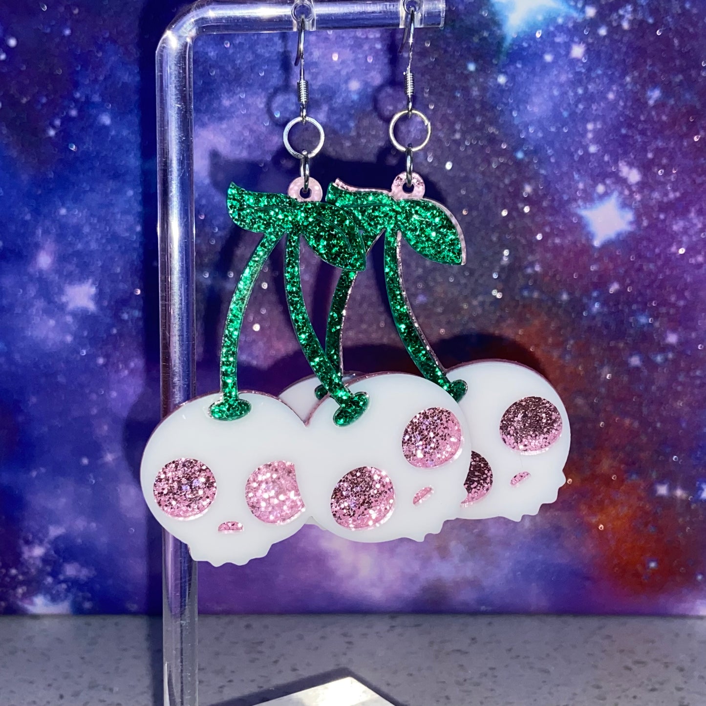 Handmade Reversible Glitter Skull Cherry Earrings