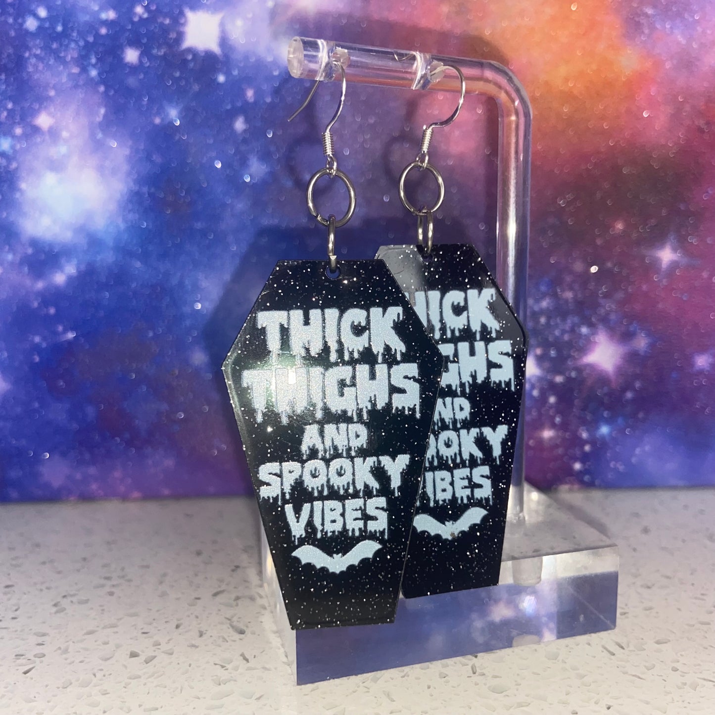 Handmade Thick Thighs and Spooky Vibes Black Coffin Earrings