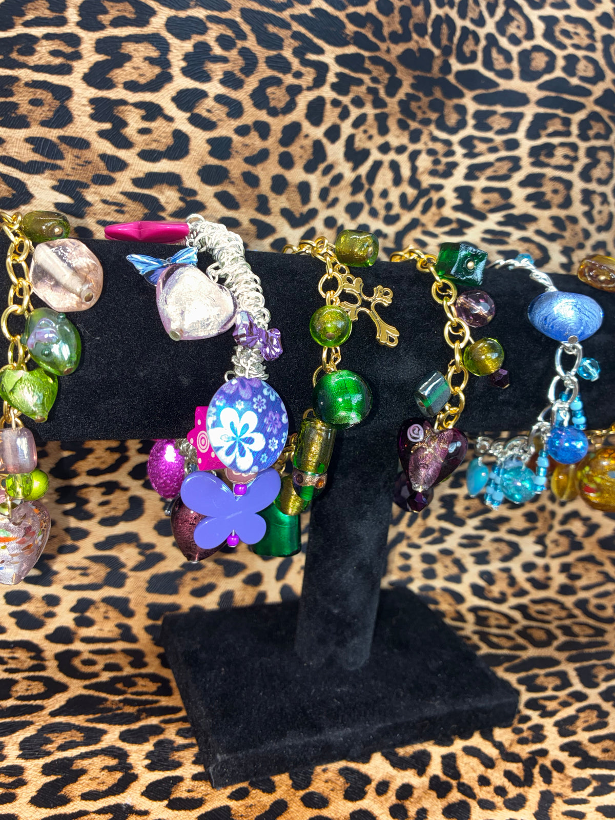 Pink Green Glass Bead Gold Bracelet