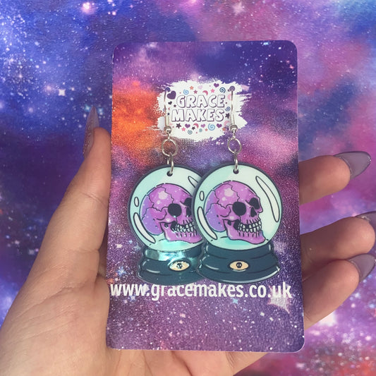 Handmade Skeleton Skull Crystal Ball Earrings