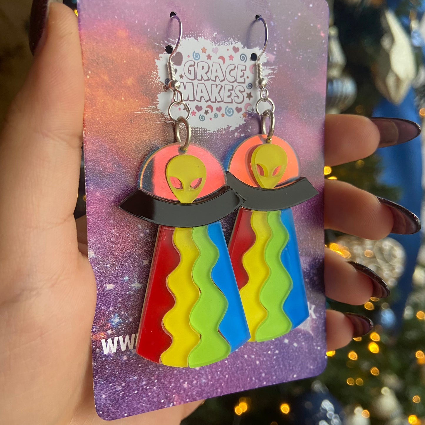 Handmade Rainbow Alien Spaceship Earrings