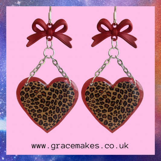 Leopard Print Heart Red Bow Earrings