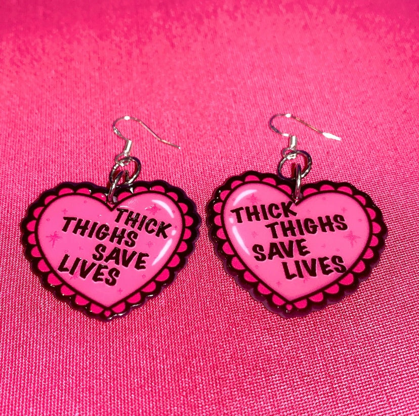 Thick Thighs Save Lives Handmade Pink Frilly Heart Earrings