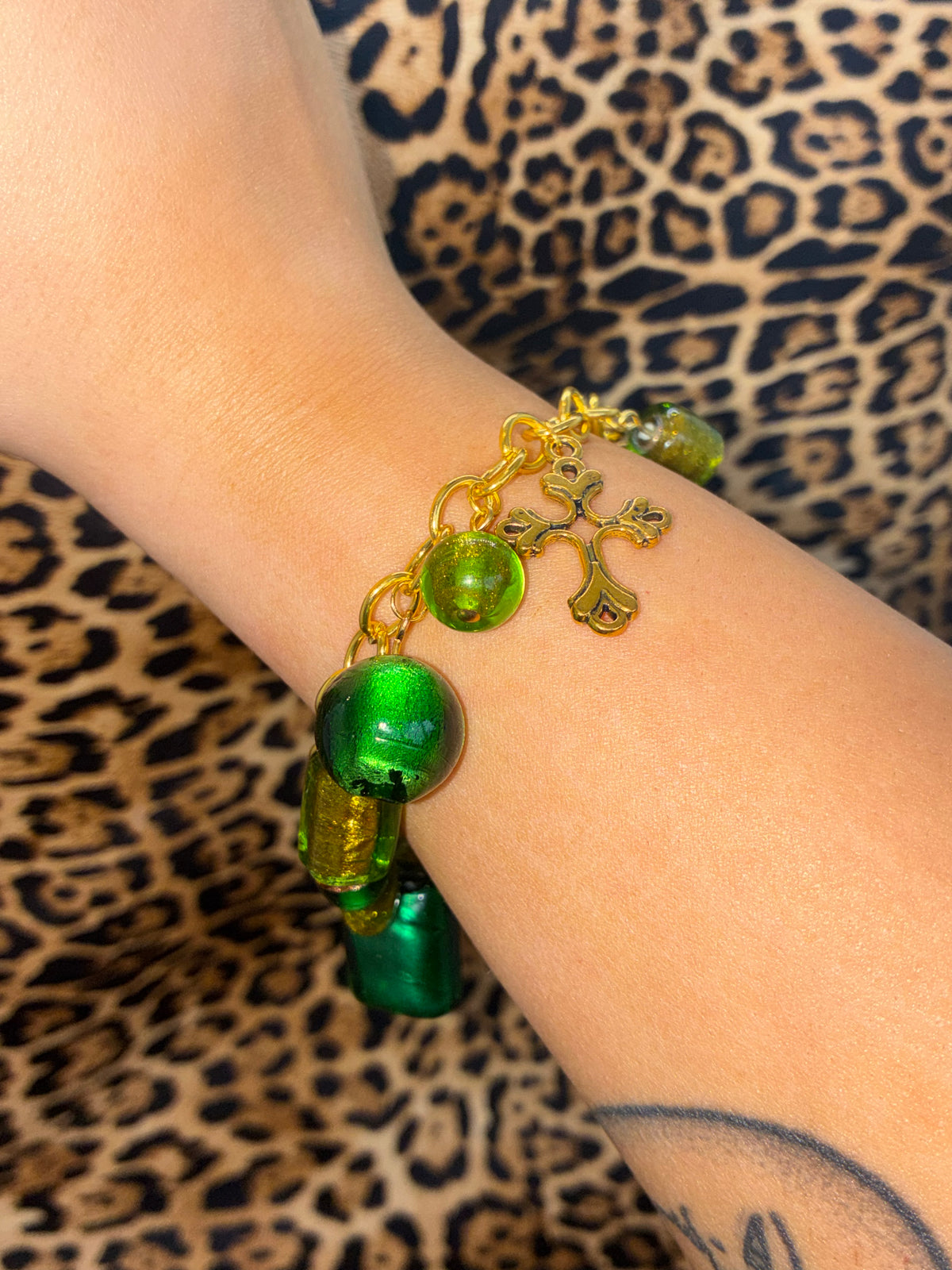 Green Glass Bead Gold Cross Bracelet