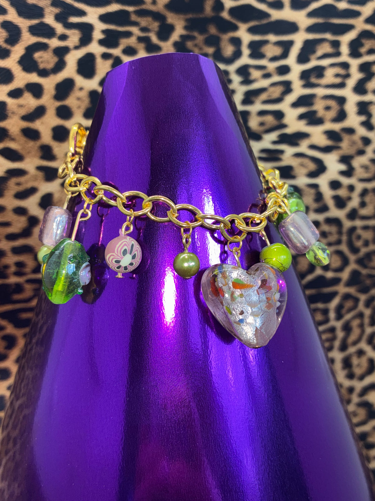 Pink Green Glass Bead Gold Bracelet