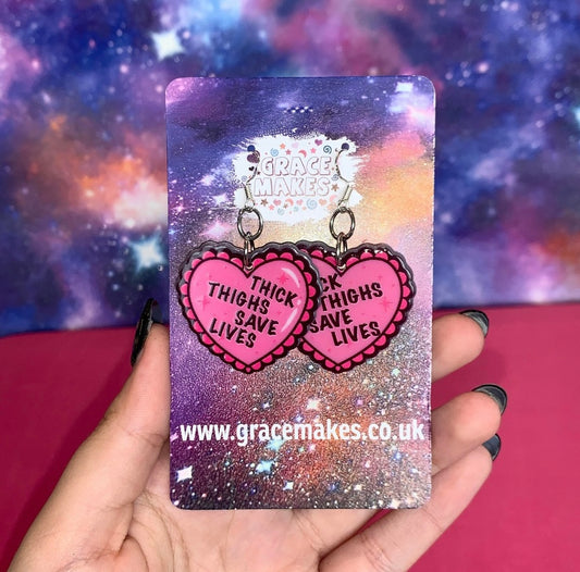 Thick Thighs Save Lives Handmade Pink Frilly Heart Earrings