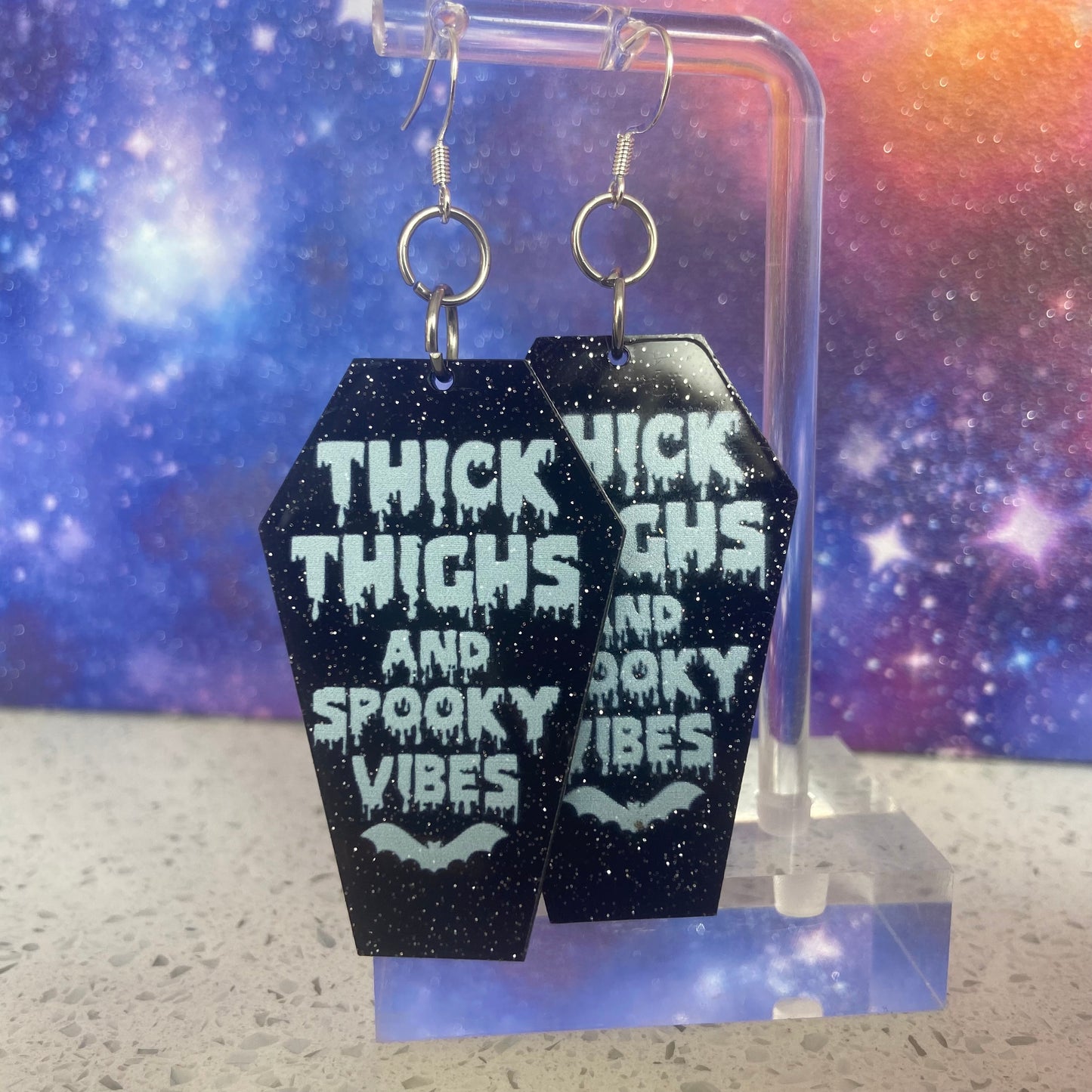 Handmade Thick Thighs and Spooky Vibes Black Coffin Earrings