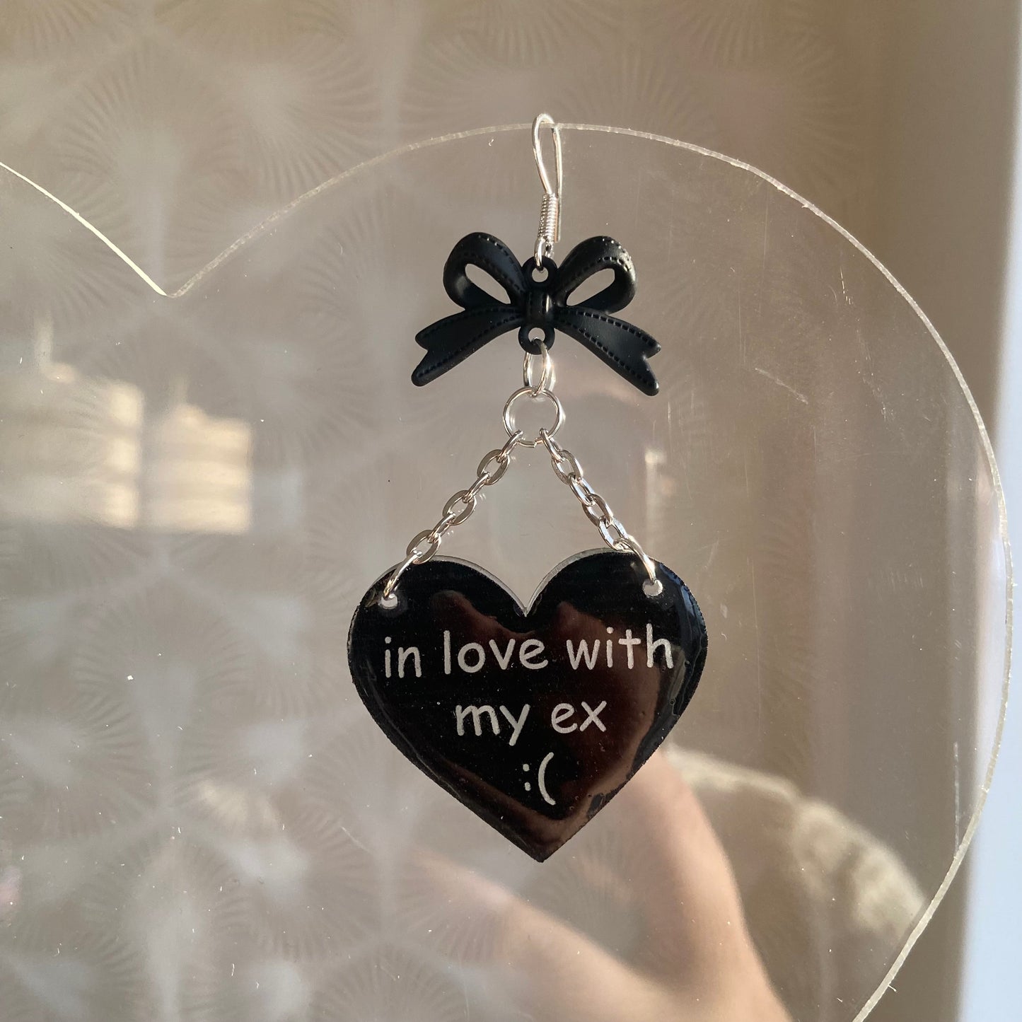 Handmade “In Love With My Ex” Black Heart Bow Earrings