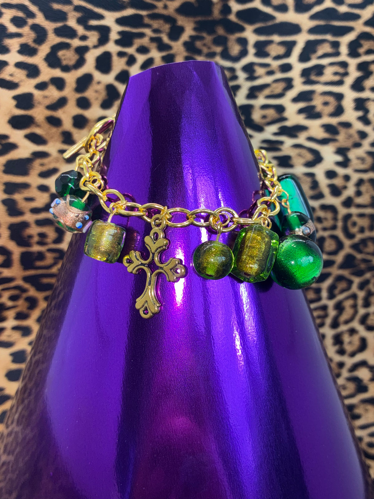 Green Glass Bead Gold Cross Bracelet