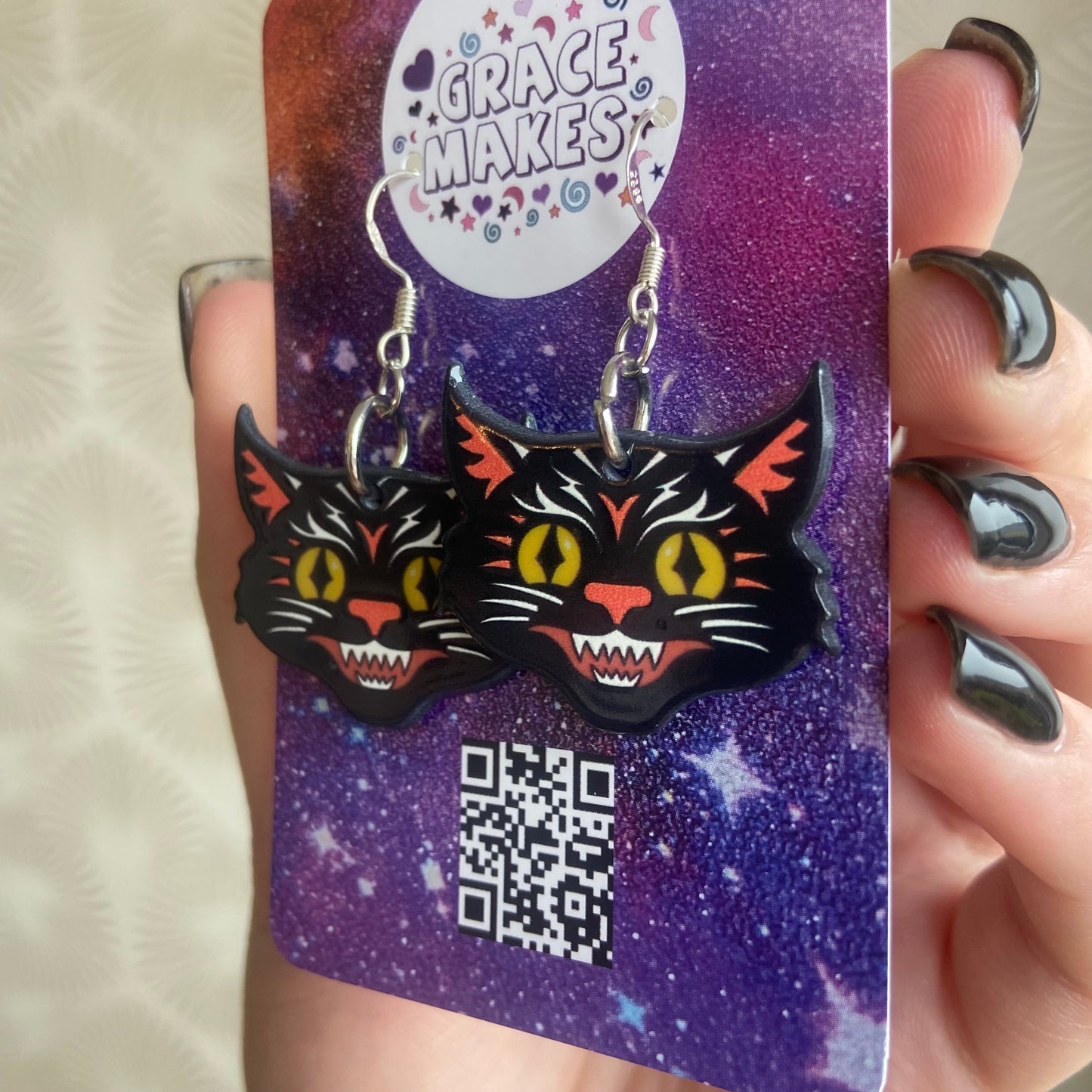 Black Cat American Traditional Tattoo Style Dangle Earrings