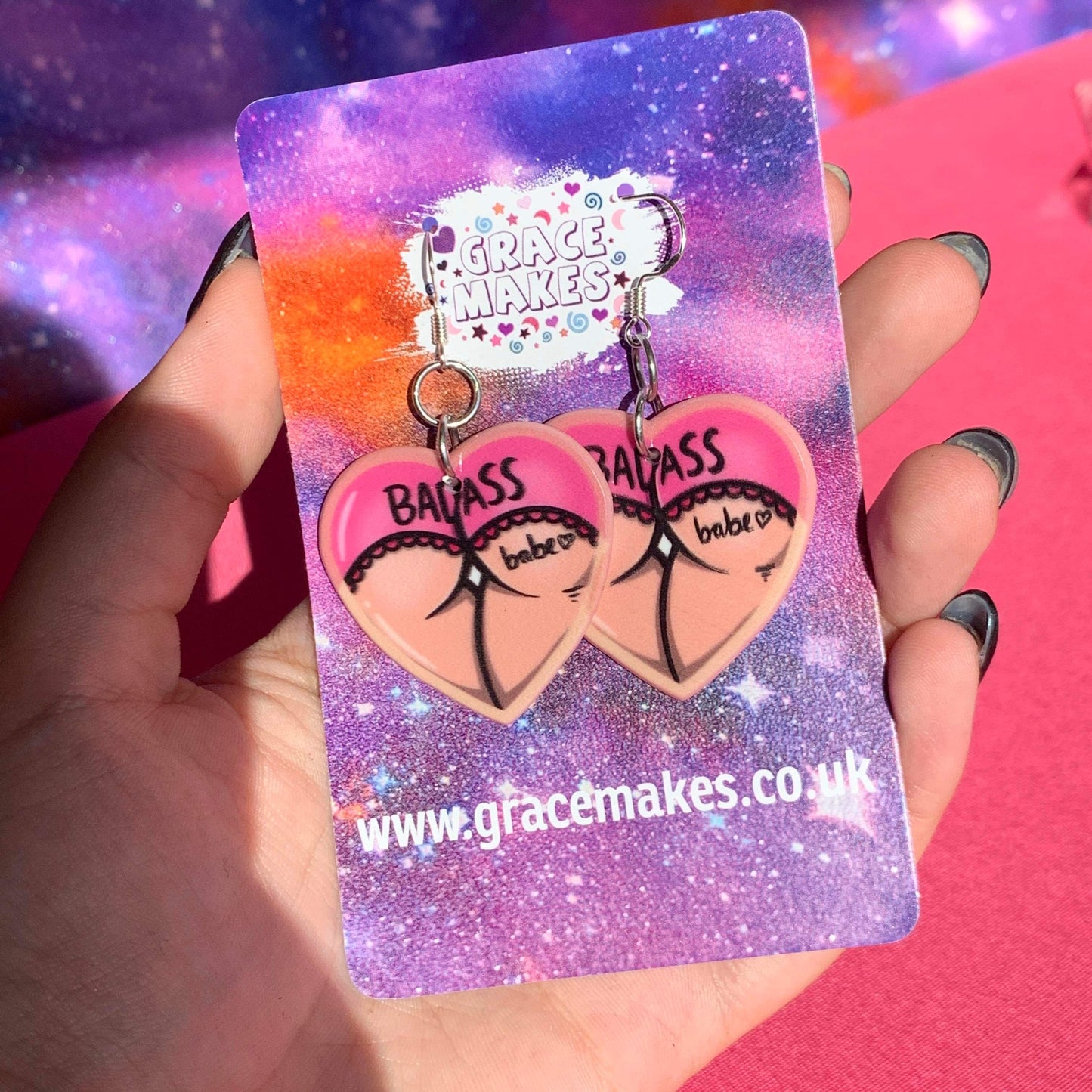 Handmade Bad Ass Babe Bum Pink Earrings