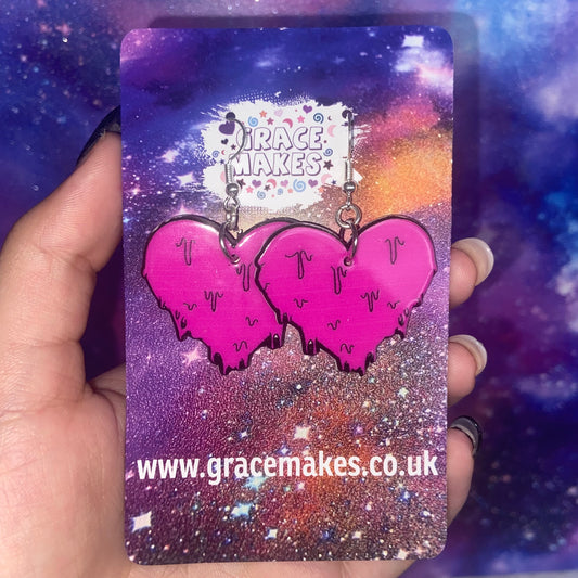 Handmade Pink Dripping Heart Earrings