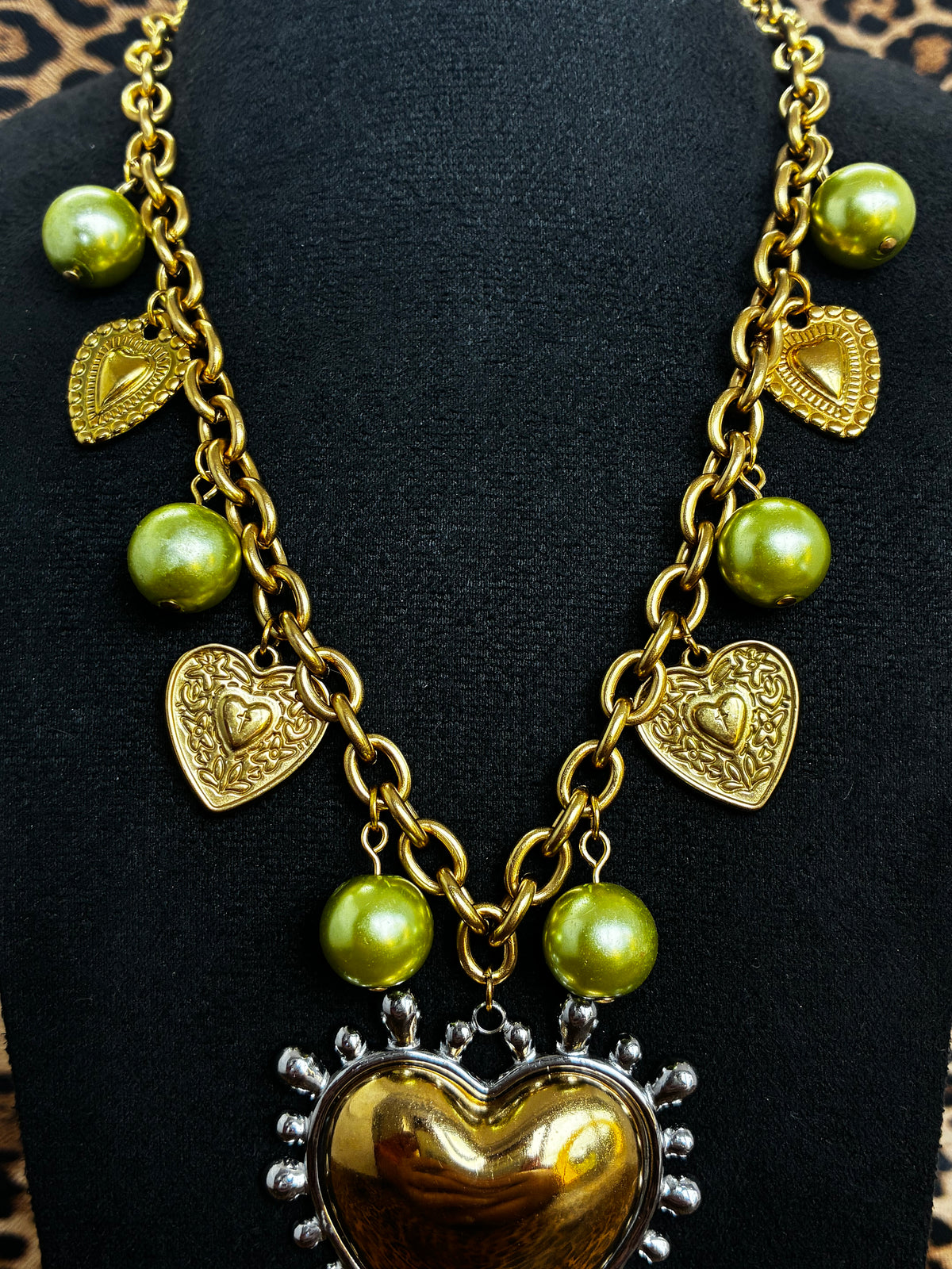 Gold Green Mixed Metal Heart Necklace