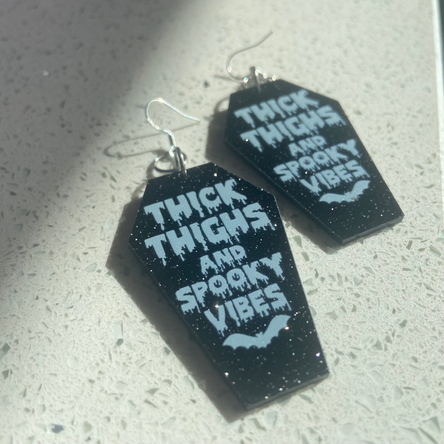 Handmade Thick Thighs and Spooky Vibes Black Coffin Earrings