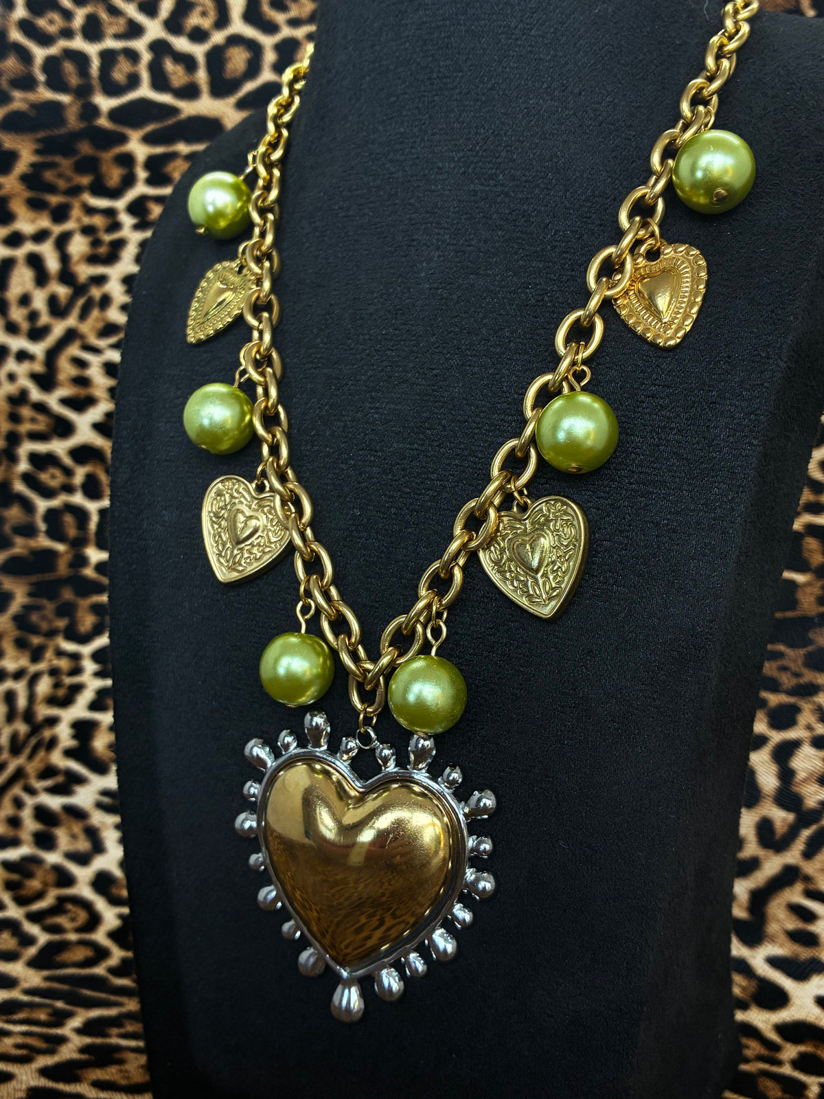 Gold Green Mixed Metal Heart Necklace