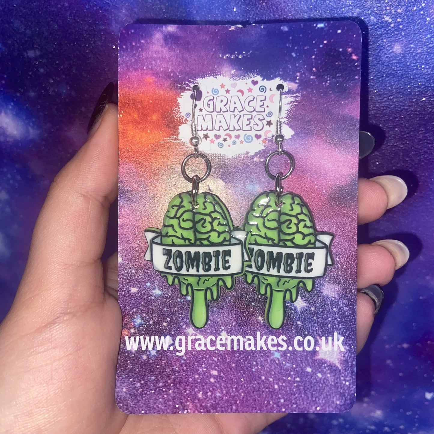 Handmade Zombie Brain Green Earrings