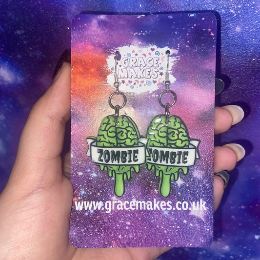 Handmade Zombie Brain Green Earrings