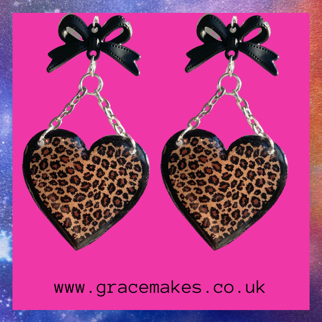 Handmade Leopard Print Black Heart Bow Earrings