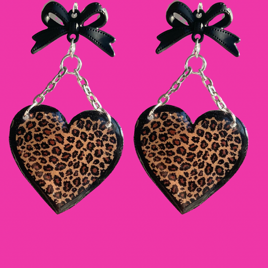 Handmade Leopard Print Black Heart Bow Earrings