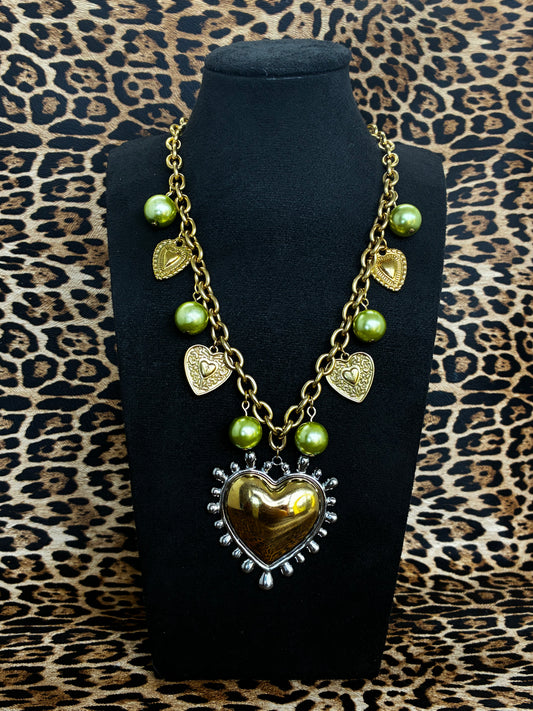Gold Green Mixed Metal Heart Necklace