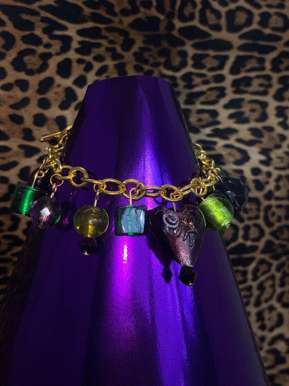 Purple Green Glass Bead Gold Bracelet