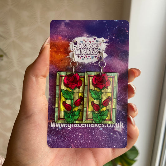 Stained Glass Red Rose Rectangle Earrings